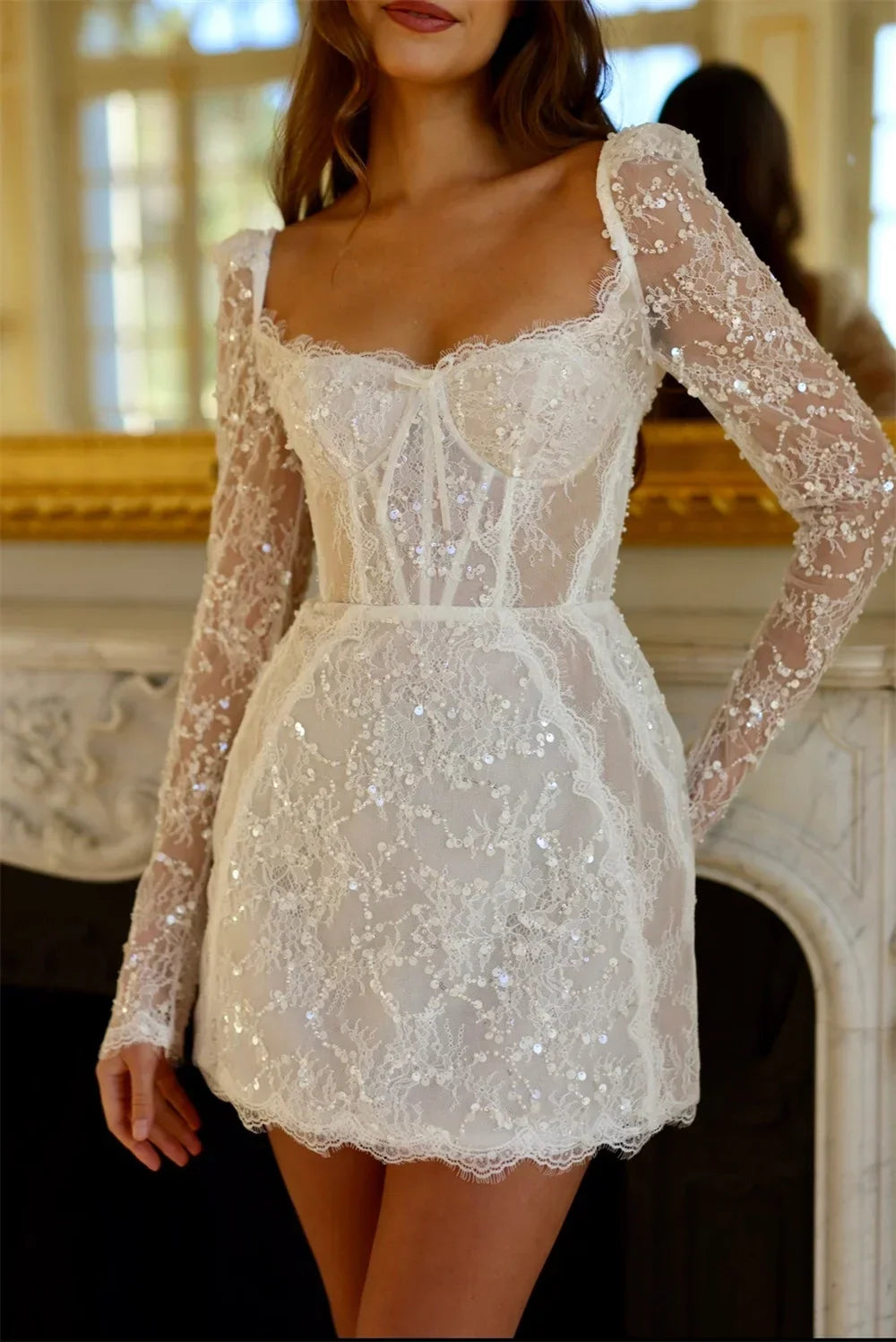 Lunivop  Long Sleeves Mini Wedding Dress For Women Sequins Shiny Illusion Backless Square Collar Above Knee Bridal Gowns