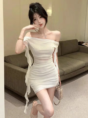 Hnewly  Woman Dress Strapless Ruffles Sweet Off Shoulder Patchwork Slim Sweet Backless Summer Fashion Party Mini Dresses Sexy