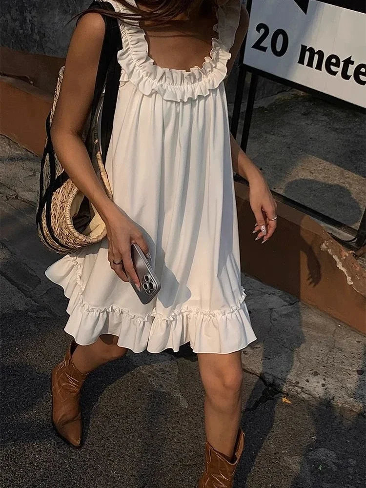Hnewly  White Sleeveless Ruffles Mini Dress Women Casual Boho Beach Sundress Cute Girl Home Dresses Loose Summer Dress Oversize