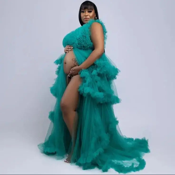 Hnewly  Unique Peacock Blue Pregnancy Dresses Ruffles Soft Tulle Robes for Pregnant Woman Open Front Elastic Waist Maternity Dress