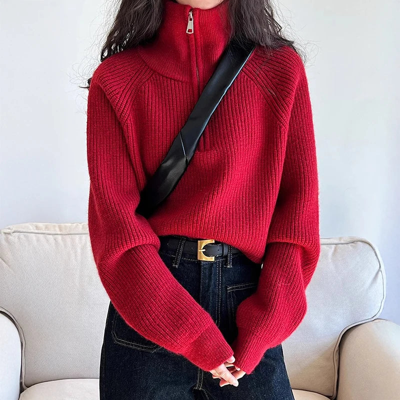 Hnewly  Half Zip Collar Sweater Women Pullovers Soft Knitted Long Sleeve Short Jumper Fall Winter Teen-girl Korean Fashion Outfit