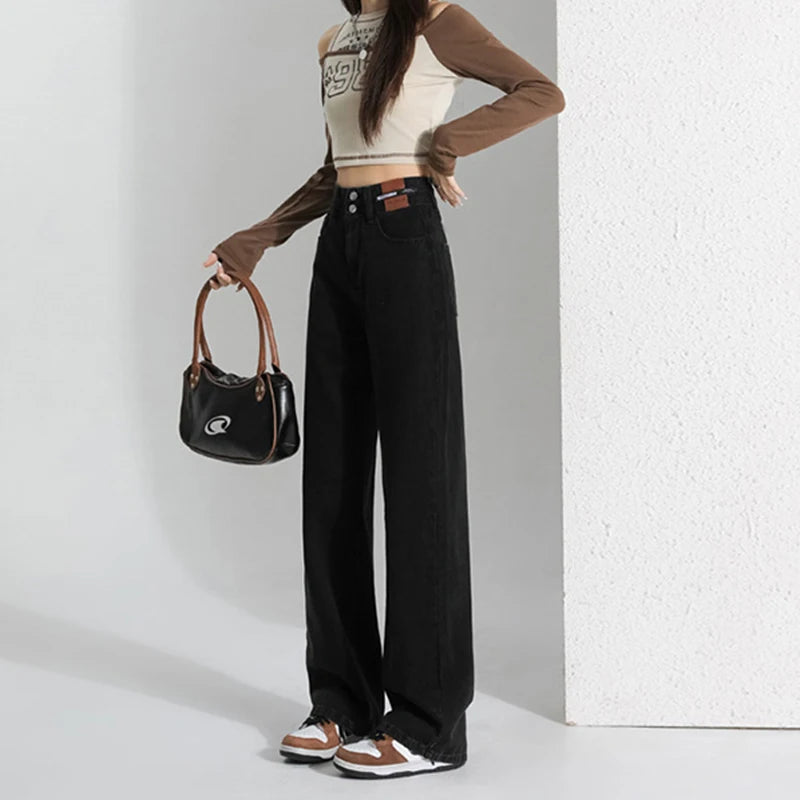 Hnewly  Spring Vinatge High Waist Straight Jeans Women Korean Double Buttons Wide Leg Denim Pants Woman Classic Baggy Jeans Trousers
