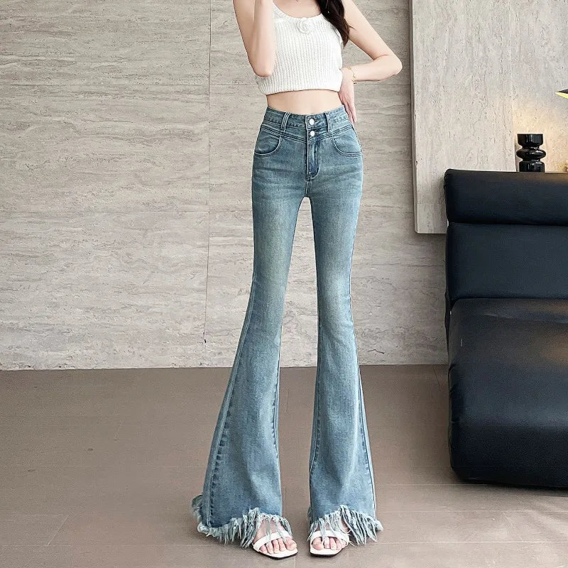 Hnewly  Women's High Waist Fringe Flare Jeans Spring Summer Slim Fit Denim Trousers Raw Hem Bootcut Long Pants
