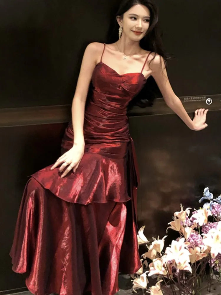 Hnewly Women's Summer Ruffles Birthday Party Dress Sexy Spaghetti Strap Sleeveless Evening Dresses Female Slim Prom Vestidos Long Robe
