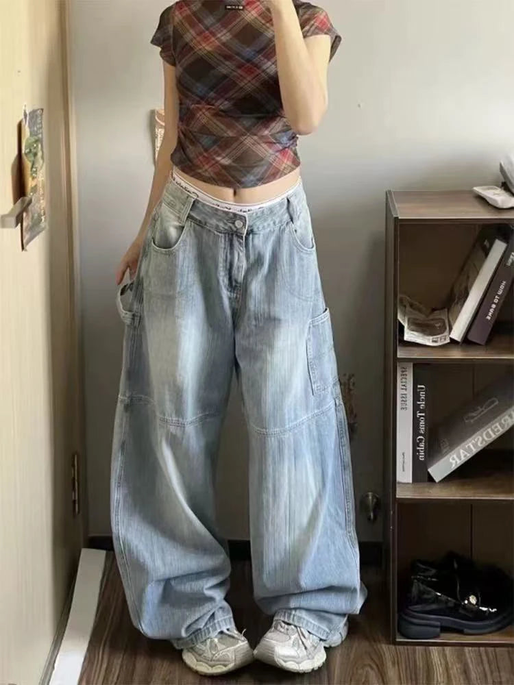 Hnewly Letter Printing Women Wide Leg Jeans Y2K High Waist Streetwear Baggy Denim Trousers Bf American Hip Hop Grunge Jeans New