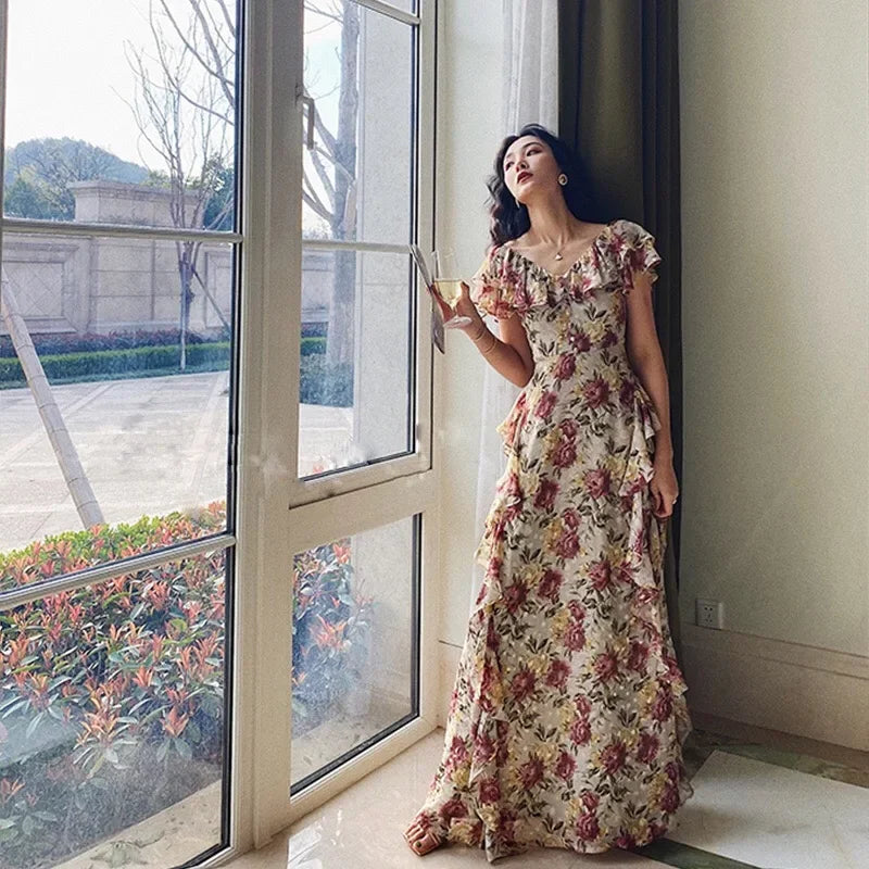 Hnewly French Elegant 2000s Vintage Dress Women Floral Floor-Length Sexy Wedding Party Long Boho Dress Beach Style 2024 Summer Y2k Chic