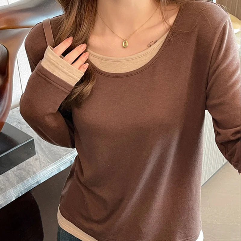 Hnewly  Casual Patchwork Long Sleeve T-Shirts Women Faux Two Pieces Pullovers Woman Autumn Crew Neck Bottoming Shirts Ladies