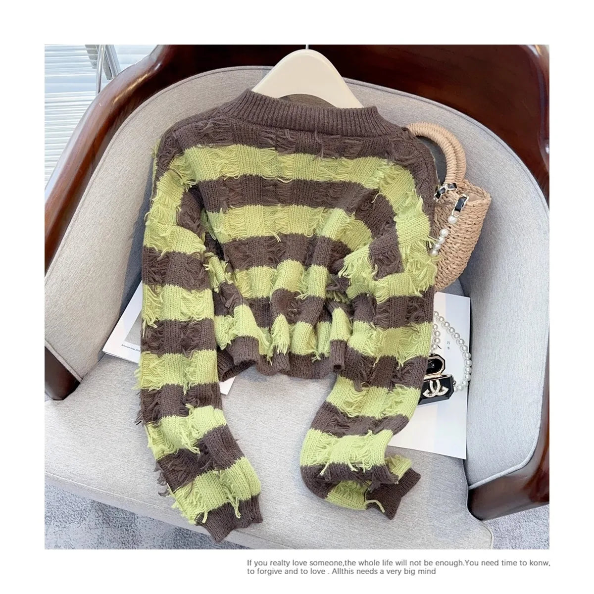 Hnewly Striped Fashion Tassel Sweater Women's Autumn Single Breasted  O-Neck New Short Knitted Cardigan Long Sleeve Top