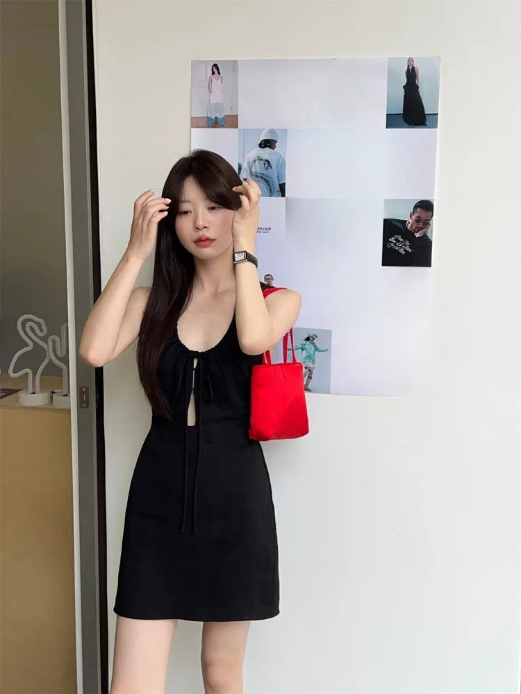 Hnewly   Woman Dress Fashion Summer Hollow Out Sexy Sweet Sleeveless Bandage Solid Slim Elegant Party Mini Dresses Female Casual