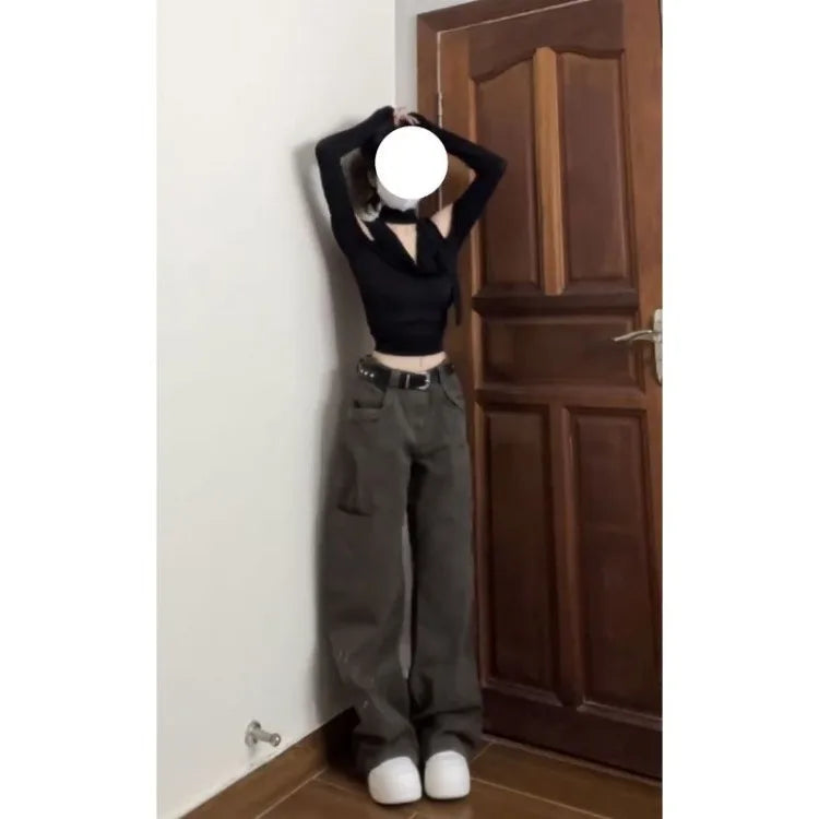 Hnewly summer inspo Fashion V-neck Black Halter Tops Women Summer Nw Slim Waist Tee Shirt Y2k E-Girl Long Sleeve Off Shoulder T-shirts