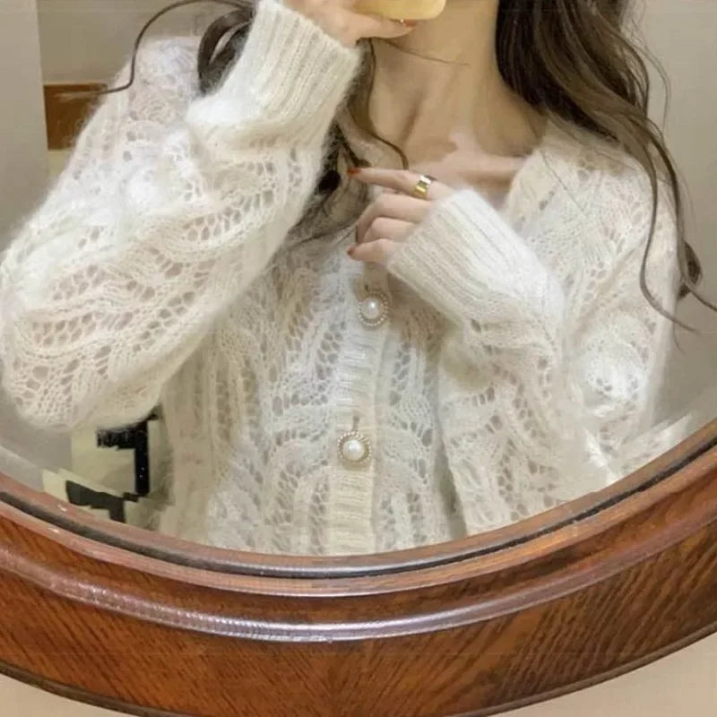 Hnewly Women Hollow Out Fluffy Vintage Button-up Temper Ladies Knitted Sweater Outwear Slouchy All-match Loose Casual Ulzzang