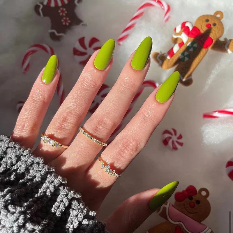 Hnewly Fashion Solid Color Wearable Nail Art Nude Pink Green Purple Long Stiletto Finished False Nails Press on Nails with Glue