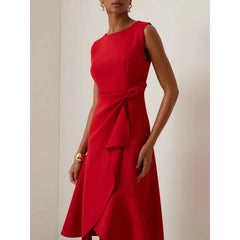 Hnewly  Red Sleeve Dress Female Spring Summer Women Slim Waist Knot Front Ruffle Detail Cocktail Mermaid Dresses