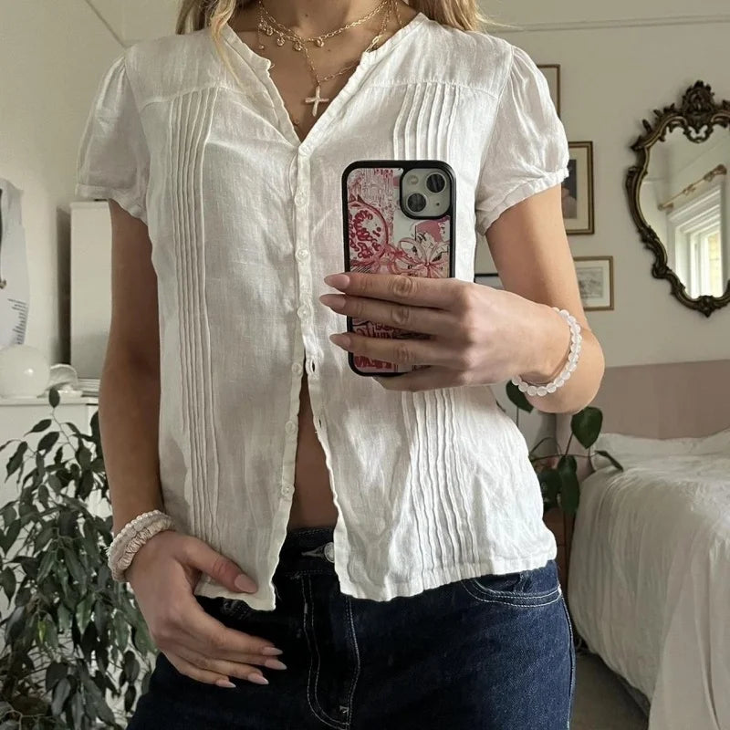 Hnewly y2k Shirt Top Women Fairycore Clothes White V Neck Short Sleeve Button Down Pleated Blouse 2000s Aesthetic Clothing﻿