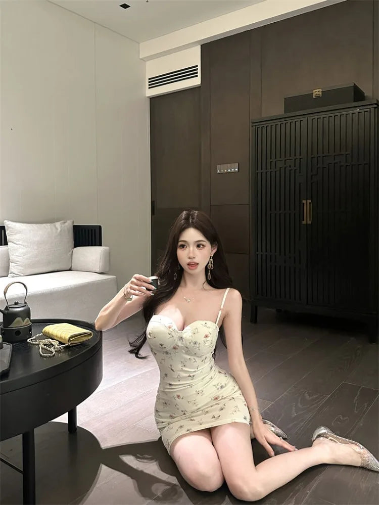 Hnewly  Woman Dress Sexy Sleeveless Floral Printed Slim Slash Neck Backless Vintage Elegant Party Mini Dresses Female Fashion