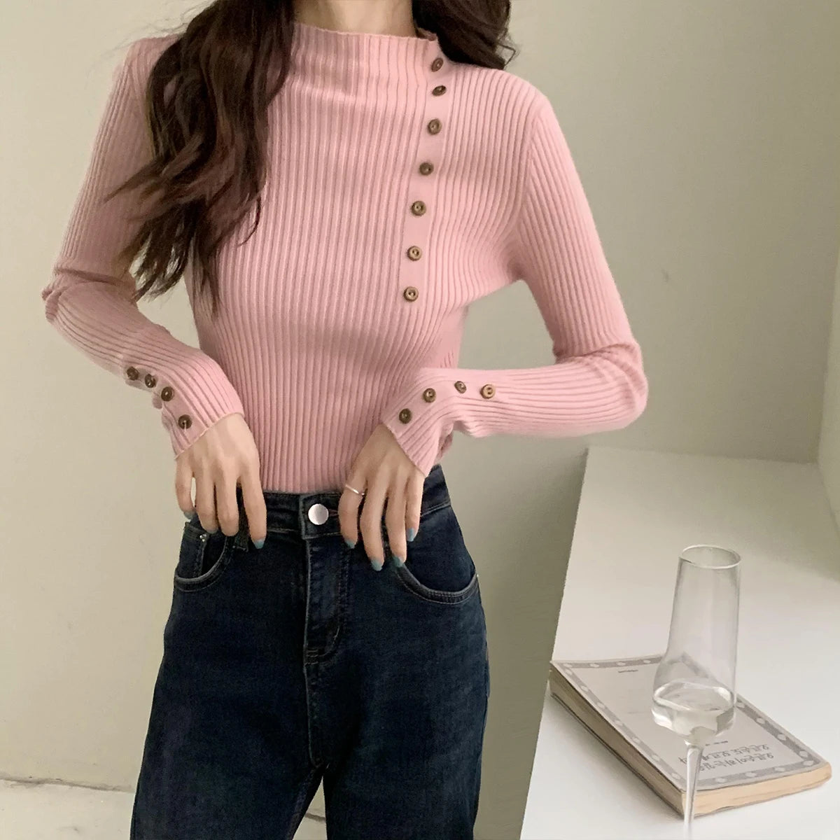 Hnewly  Rib Knit Top Mock Neck Long Sleeve Slim Fitted Sweater Mockneck Pullovers Women Plain Jumper Teen-girl Fall Winter Outfit