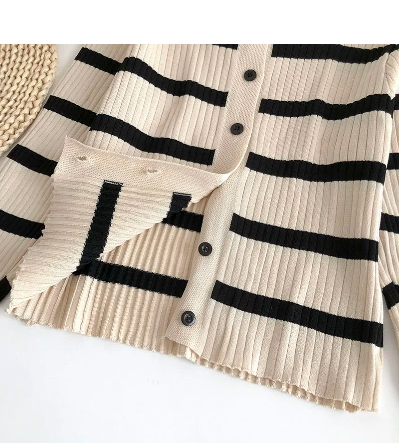 Hnewly  Women's Striped Knitting Cardigan Single Breasted Long Sleeved Sweater+Spaghetti Straps Vest Spring Autumn Korean Top 2pcs