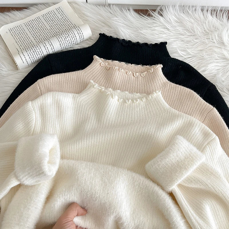 Hnewly  Lace Edge Half High Collar Sweater Autumn Winter New Women's Long Sleeve Top Warm Solid Color Slim Basic Knit Pullover
