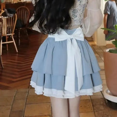 Hnewly  blue Kawaii Mini Skirt  korean style Women Sexy Gyaru Pink Bow Bandage High Waist Pleated Skirts Y2k Shorts Summer layered