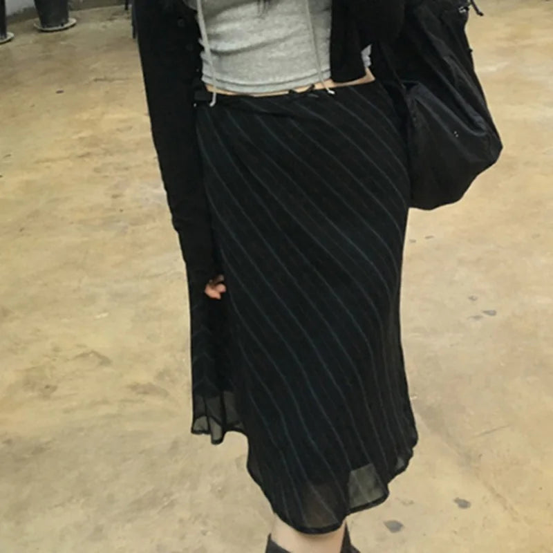 Hnewly Elegant Mesh Striped Print Midi Skirt Cute Bow Stitching Low Rise Straight Skirts for Women Vintage 2000s Clothing Summer