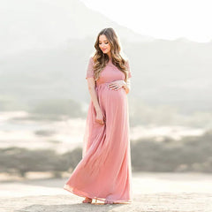 Hnewly  Maternity's Dress Pregnancy Photography Props Dusty Pink Long Chiffon Elegant Pregnant Women Clothes Lace Dresses