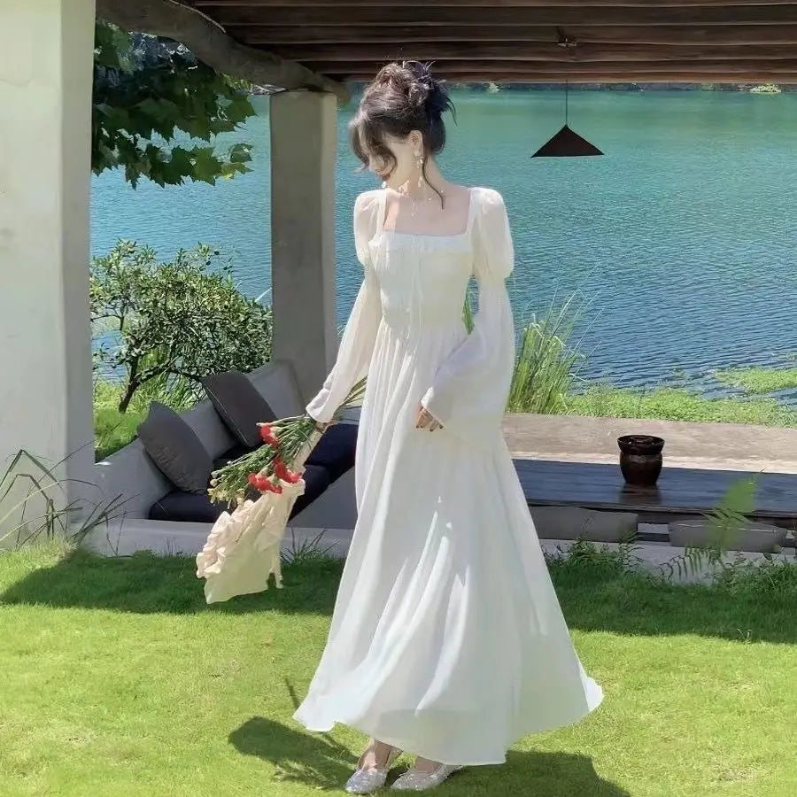 Hnewly  Spring Summer Women Elegant French Square Neck Long Sleeve Maxi Dress A Line Pleated Long Dress Chic Ladies Party Prom Gown