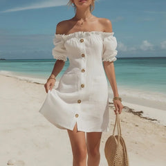 Lunivop  Elegant Ruffles Shirt Dress Summer Clothing Women Puff Sleeve Slash Neck Bandeau Mini Dresses Birthday Evening Party Dress