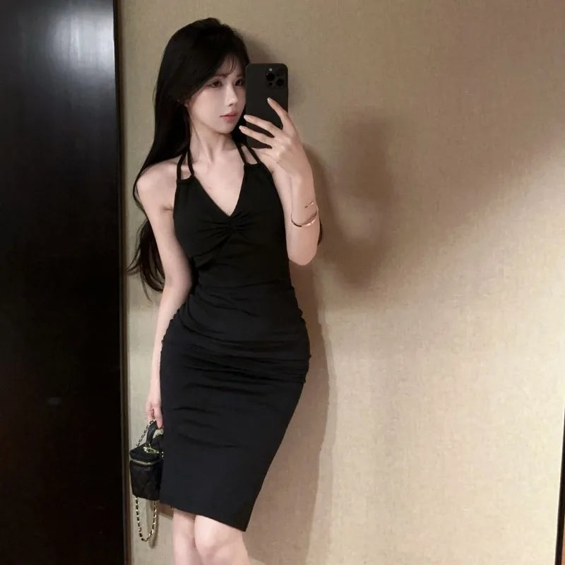 Hnewly  Woman Elegant Dresses Slim Split V Neck Summer Fashion Sexy Backless Halter Solid Party Dress Female Casual Temperament