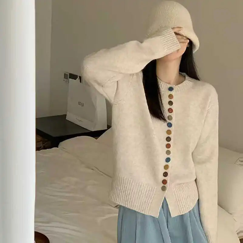 Hnewly  Multicolor Button Knit Sweater Cardigan Women Long Sleeve Button-Up Sweater Jacket Teen-girl Autumn Winter Korean Fashion Outfit