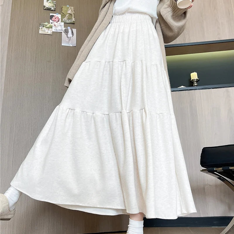Hnewly  French Style High Waist Skirts for Women Spring Autumn Casual Loose Folds A-Line Skirts Woman Soft Elastic Waist Skirt Ladies