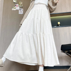 Hnewly  French Style High Waist Skirts for Women Spring Autumn Casual Loose Folds A-Line Skirts Woman Soft Elastic Waist Skirt Ladies