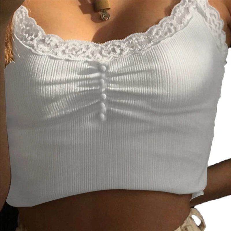 Hnewly White Lace Patchwork Tank Top Summer Women Home y2k Fashion Leisure Outfit Basic Casual Crop Tops Lolita Kawaii Clothes