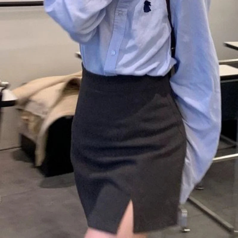 Hnewly A-line Skirts Women Slit Hotsweet Korean Style High Waist Office Lady Elegant Spring Fashion Mini Casual Chic Simple All-match