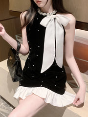 Hnewly  Elegant Dresses Women Sweet Fashion Bow Halter Beaded Vintage French Style Chic Sexy Mini Dress Patchwork Female