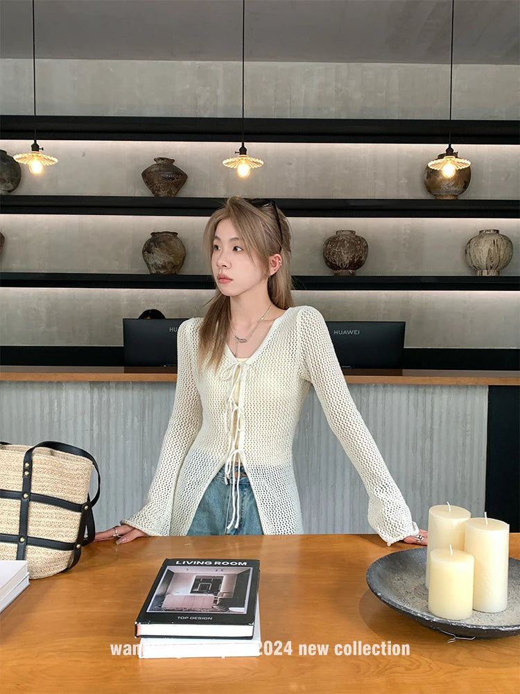 Hnewly  Tie Front Open Knit Cardigan Women Long Sleeve Longline Sweater Jacket Sheer Beach Cover-Up Ladies Boho Vacation Outfit