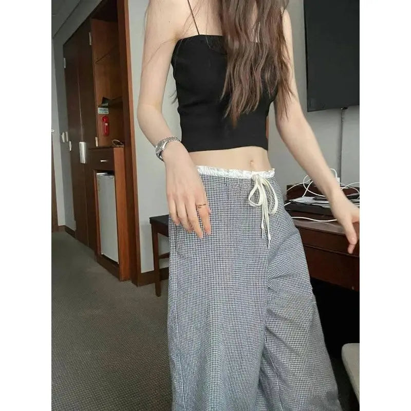 Hnewly Vintage Plaid Women Pants Y2k Oversized High Waist Drawstring Sweatpants Baggy Casual Trousers Korean Fashion Harajuku