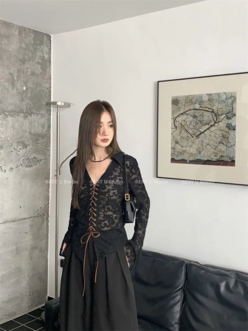 Hnewly  Hollow Out Mesh V-neck Lace Up Shirts Women Y2k E-Girl Slim Fit Long Sleeve Blouses Spring New Black Blusas De Mujer