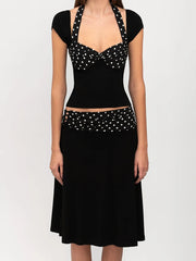 Hnewly  Women's Skirt Two Pieces Set Fashion Halter Neck Short Sleeve Top Polka Dot Print Patchwork Skirt Suit Casual Lady Outfit