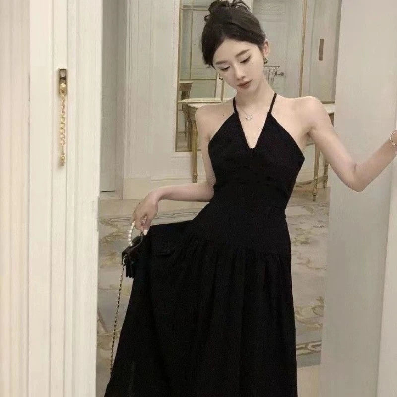 Hnewly Black Halter Dress for Women Backless Sexy Elegant Holiday Summer French Style Chic A-line Party Classic Streetwear New Vestidos