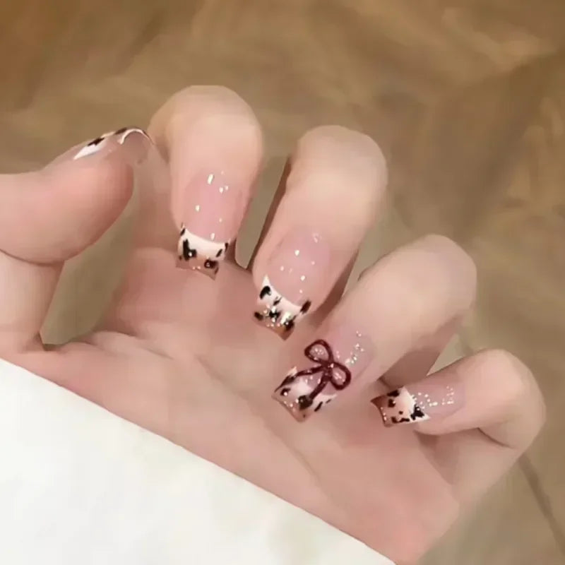 Hnewly 24Pcs False Nails French Gradient Ballet Fake Nails Press on Nails Black Heart Rhinestone Design Glitter Full Cover Nail Tips