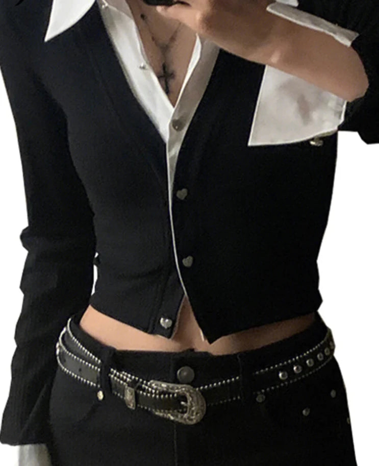 Hnewly FALL OUTFITS Sexy Fake Two Piece Set Women's Shirts Office Ladies V-neck Chic Slim Spell Color Single Breasted Fashion Female Shirt