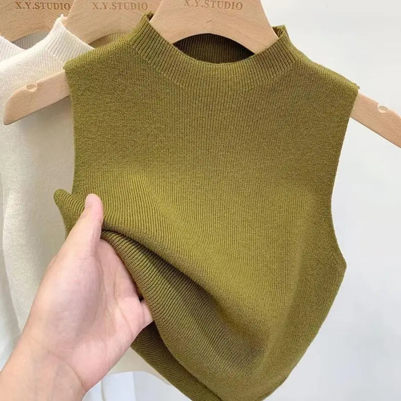 Hnewly White Knitted Camisole Sleeveless Vest For Women Spring Summer Half High Neck Short   Basic Bottom Top Korean Version Trendy Tee