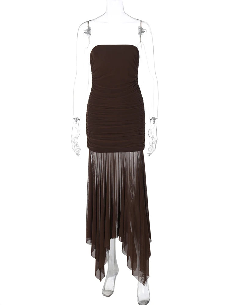 Hnewly  Mesh Splice Strapless Long Dress For Women sexy One Shoulder Evening Party Dress Sleeveless Slim Summer New Female Dress