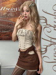 Hnewly  Cutenew Fashion Hottie 2 Piece Set Women Ruched Double-Breasted Camisole+Patchwork Peach Hip Skirts Matching Skinny Street Suits