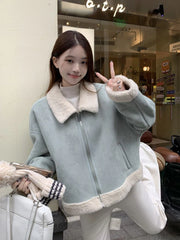 Hnewly  Faux Suede Lamb Jackets Women Winter Warm Thick Sweet Cute Short Coat Korean Vintage Loose Long Sleeve Preppy Style Tops