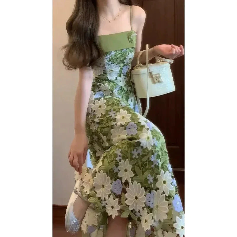 Hnewly Mint Jasmine French Romantic Lace Hollow out Green Strap Dress Air Conditioned Summer Sleeveless Floor Length Square Collar