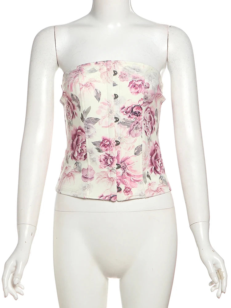 Hnewly  Flower Print 2-Piece Set Women Y2K Single-Breasted Metal Buckle Wrap Top+Lace Folds Hem Skirt Sweet Matching Suits