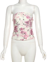 Hnewly  Flower Print 2-Piece Set Women Y2K Single-Breasted Metal Buckle Wrap Top+Lace Folds Hem Skirt Sweet Matching Suits