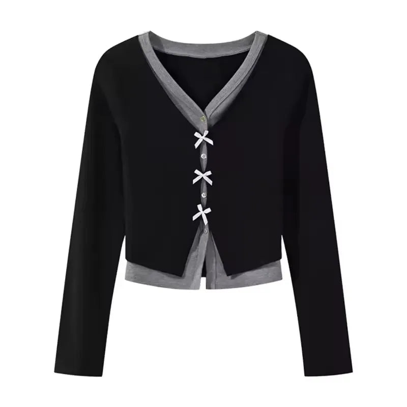 Hnewly  Bow Button Knit Top Fake Two-piece V-Neck Crop Long Sleeve T-Shirt for Women Teen-girl Autumn Winter Y2K 90s Outfit