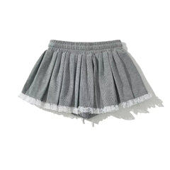 Hnewly  Summer Korean fashion grey mini skirt kawaii y2k cute clothes lace skirts for woman high waist skirts with lace trim drawstrings